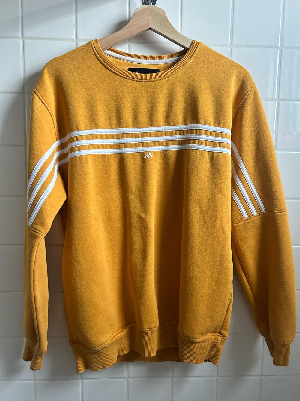 adidas Women's Golden Yellow Crewneck Sweatshirt with White Stripes